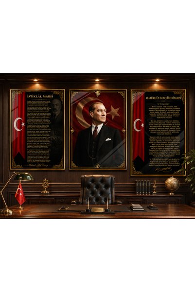 Genel Markalar Atatürk, İstiklal Marşı ve Gençliğe Hitabe 3’lü Cam Tablo Seti...