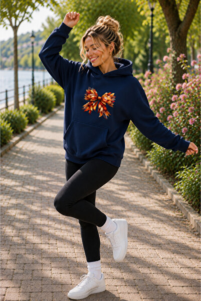 caddekombin Women's Feather Motif Ribbon Graphic Printed Hooded Kangaroo Pock...