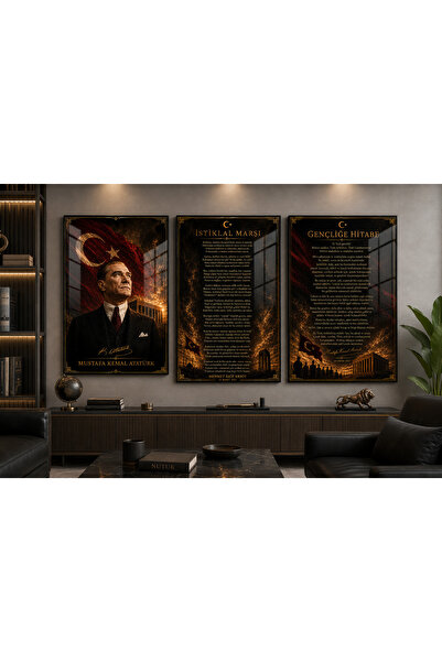 Genel Markalar Atatürk, İstiklal Marşı ve Gençliğe Hitabe 3’lü Cam Tablo Seti...