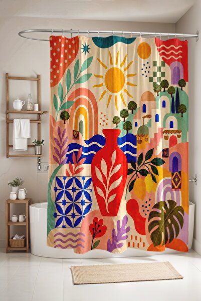 EVPANYA Bathroom Curtain, Abstract Sun and Houses Pattern Shower Curtain, Bat...