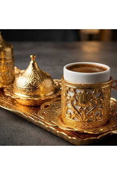 TR طقم فناجين قهوة تركية فاخرة مع غطاء زاماك ذهبي وصينية تقديم مع كوبين للماء