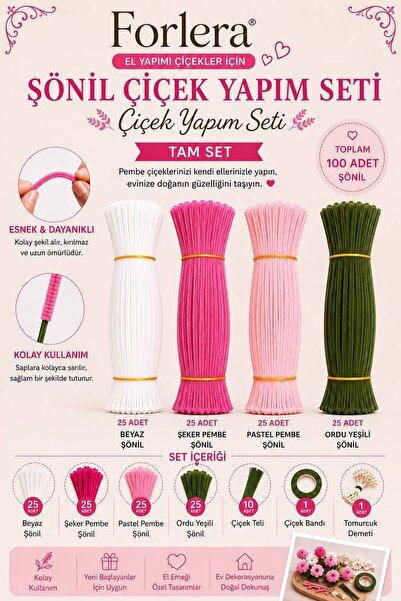 FORLERA Şönil Çiçek Yapım Seti 100 Adet – Beyaz, Şeker Pembe, Pastel Pembe, O...