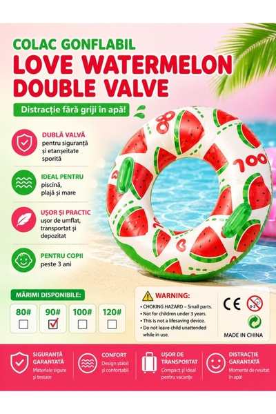 BaoBao Colac gonflabil pepene verde pentru copii, 90 cm, cu mânere, ideal pentru piscină și mare