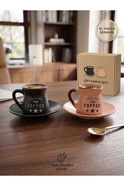 Elista Delicious Cafe 2'li Seramik Türk Kahvesi & Espresso Fincan Takımı – Mat Siyah & Somon Pembe (90 ml)
