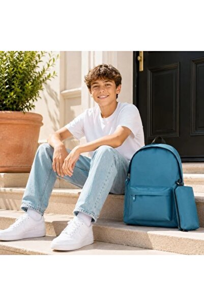 Generic Emerald Blue School Backpack with Pencil Case 31 x 13.5 x 42.5 cm
