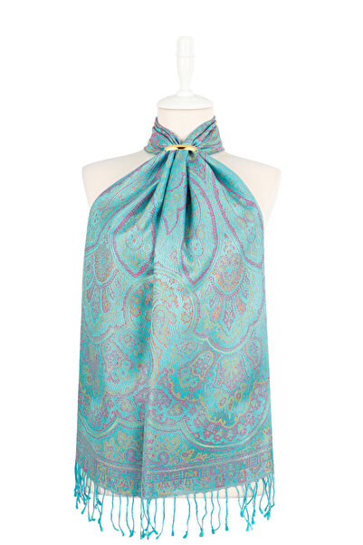 Bursa İpek Turquoise Pink Jamawar Woven Silk Scarf