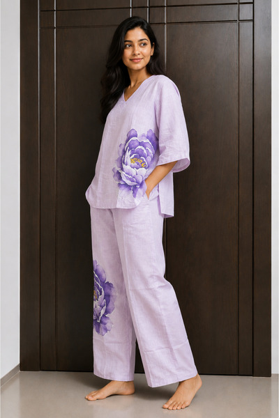 Devoiler Women’s Light Pink Cotton Co-Ord Set – Floral Printed Top & Wide-Leg...
