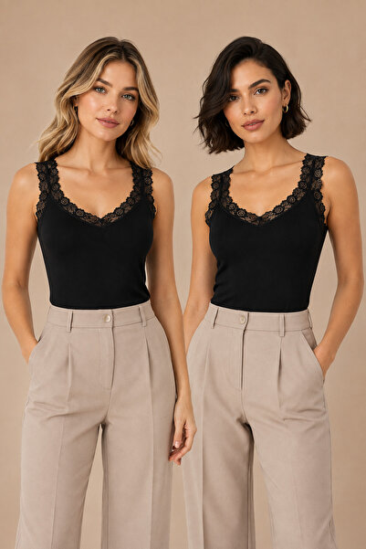 Nymora Women's 2-Piece Lace Detailed V-Neck Modal Cotton Flexible Undershirt ...