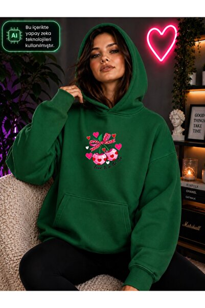 caddekombin Women's Heart Detailed Bow Cherry Printed Hooded Kangaroo Pocket ...