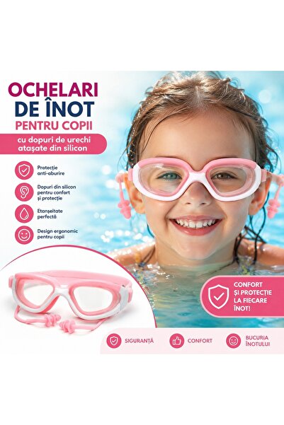 BaoBao Ochelari de înot pentru copii cu dopuri de urechi din silicon, anti-aburire, roz, ajustabili