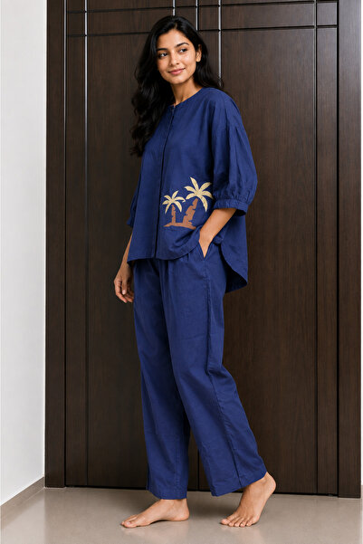 Devoiler Women’s Dark Blue Cotton Co-Ord Set – Printed Top & Straight-Leg Pan...