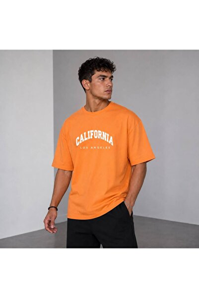 khufu Orange Crew Neck Oversize Fit Cotton California Printed Relaxed Cut Uni...