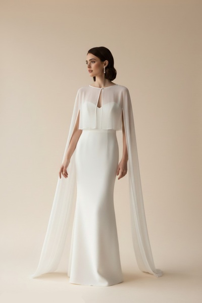 ENDAMIM Kadın Kolu Tüllü Straplez Balık Elbise Pelerinli Maxi Düğün Nikah Abi...