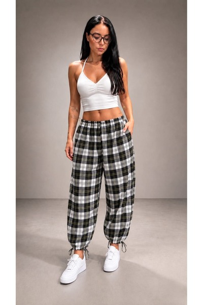 Birgül Sezişli Butik Paça Bağlamalı Ekoseli Şalvar Pantolon (36-44 Bedene Kad...