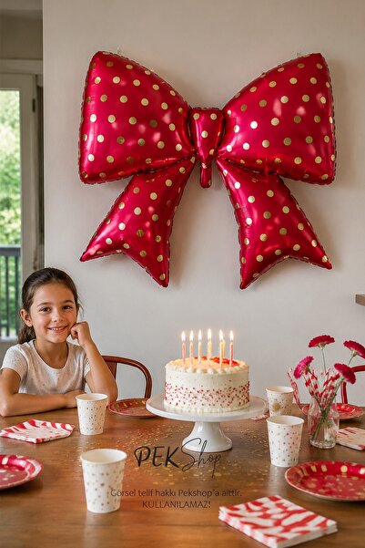 PEKSHOP Gold Puantiyeli Kırmızı Fiyonk Folyo Balon