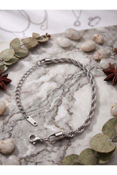The Klōi Silver Color Stainless Steel Twisted Chain Bracelet - Tarnish Resistant Water Resistant Minimalist Rope Model