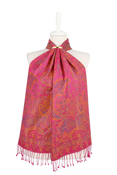 Bursa İpek Fuchsia Orange Jamawar Woven Silk Scarf