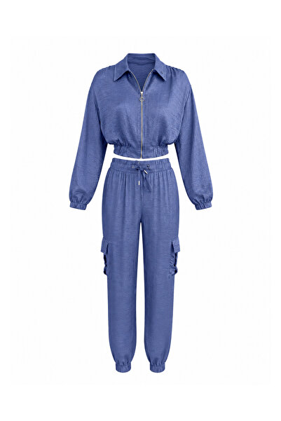 Sezgi Tekin Wrinkle Effect Jacket and Trousers Indigo Satin Set