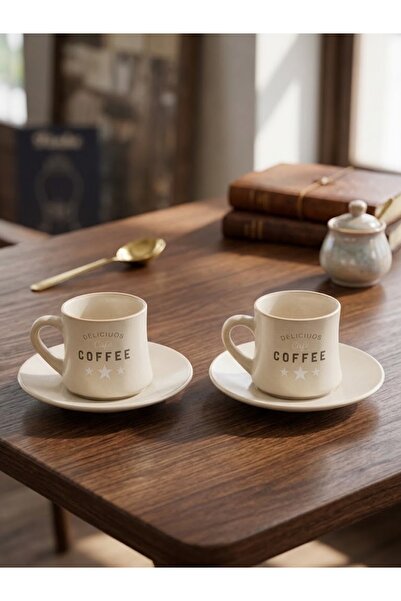 Elista Delicious Cafe 2 Kişilik Retro Seramik Türk Kahvesi & Espresso Fincan Takımı – Krem 90 ML