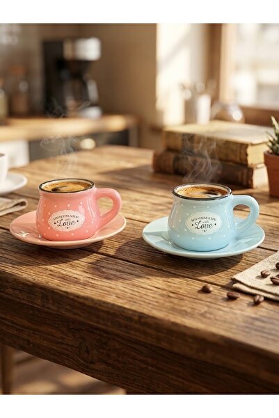 Elista Homemade with Love 2'li Renkli Porselen Türk Kahvesi & Espresso Fincan Takımı – Pembe ve Mavi 90 ML