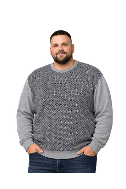 BattalModa Men's Large Size Gray Crew Neck Motif Knitwear Sweater 3Xl-4Xl-5Xl...