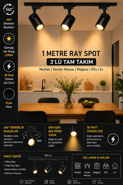 ZMR 1 Metre 30 Watt Siyah Kasa Günışığı 3200K Ray Spot Seti Tam Takım 3 Adet Spot Dahil