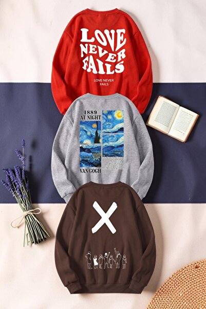 uyguntarz Unisex Mixed Printed Crew Neck Sweatshirt Set – Pack of 3
