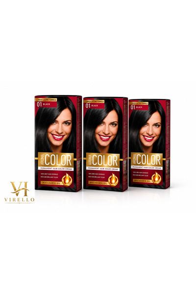 Aroma Set 3x Vopsea de Păr Color 01 Black, Negru Intens, Cremă Colorantă Perm...