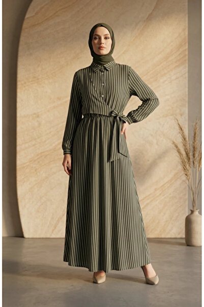 sefamerve Half-Buttoned Elastic Waist Striped Dress 0320-04 Khaki