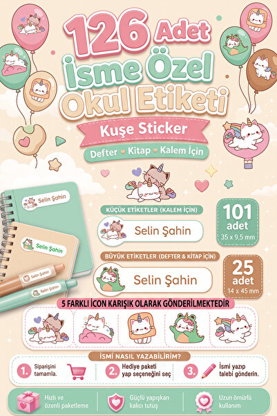 tifopix 126 Adet İsime Özel Okul Etiketi Seti CATCORN Temalı Defter Kitap ve ...