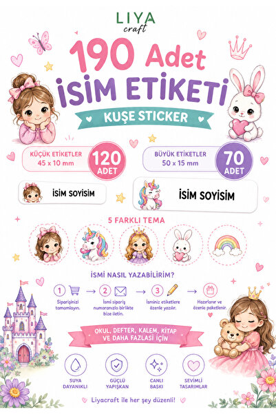LiyaCraft 190 Adet Kız Çocuk Okul Etiketi Kişiye Özel Kişiselleştirlebilir