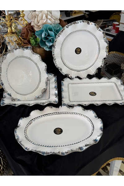 LOKMAN ZÜCCACİYE SHOWROOM GÜMÜŞ YALDIZLI 5 PARÇA PORSELEN ÇOK AMAÇLI SUNUM SE...