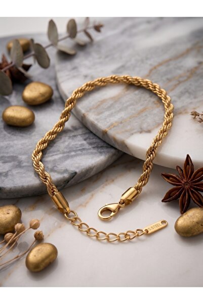 Gold Renk Paslanmaz Çelik Burgu Zincir Bileklik - Kararmaz Suya Dayanıklı Minimalist Rope Model