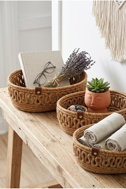 MaVaux VELONA Oval Set 3’lü Halat Sepet Banyo Organizer Dekoratif Düzenleyici El Yapımı Sepet Seti