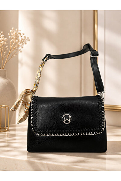 todays co 3-Compartment Zippered Black Bag with Scarf Detail and Adjustable S...
