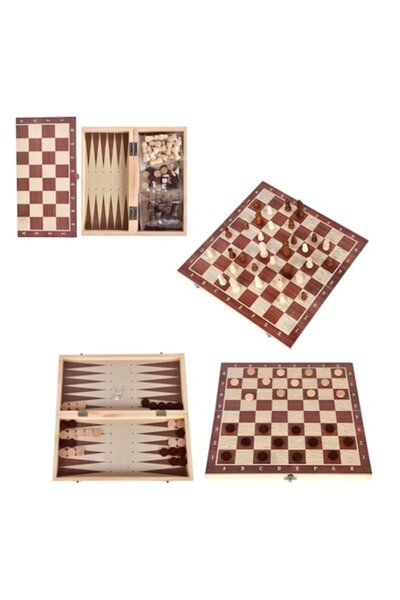 OEM Set clasic de jocuri din lemn 3-în-1 – Șah, Table și Dame, Pliabil, Porta...