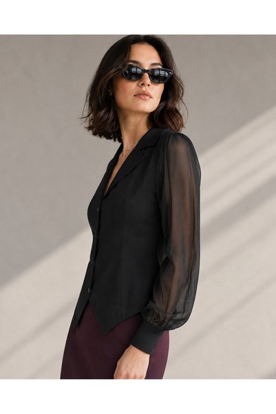 Vireo Club Women's Tulle and Gold Button Detailed Long Sleeve Jacket Collared Blouse