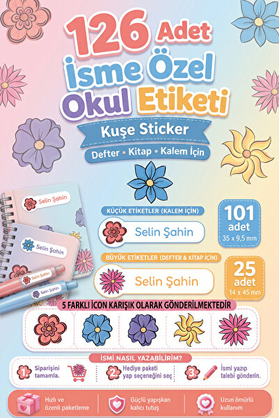 tifopix 126 Adet İsime Özel Okul Etiketi Seti FlowerTemalı Defter Kitap ve Ka...