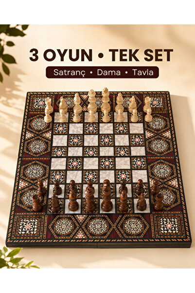 Lüks Ahşap Görünümlü 3'lü Satranç Dama Tavla Seti 34 cm Katlanabilir Kilitli Premium Oyun Seti