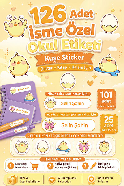 tifopix 126 Adet İsime Özel Okul Etiketi Seti CHICK Temalı Defter Kitap ve Ka...