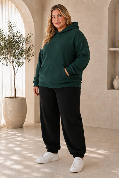 Joetsu Women's Plus Size 3 Thread Oversize Hooded Sweatshirt and Black Jogger...