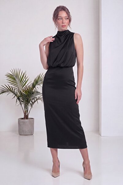 zks grup tekstil Rochie de damă din satin, cu guler înalt, drapată, lungime m...