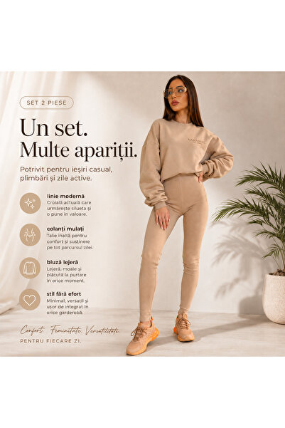 Generic Brand Trening sport damă 2 piese bej – set casual cu bluză oversized și colanți mulați, outfit confortabil de zi cu zi