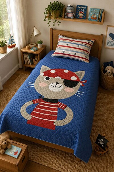 Evdek Bebek ve Çocuk Odası Pirate Cat - Korsan Kedi Tek Kişiliik Pike Takımı ...