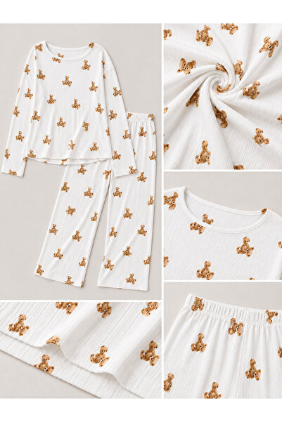 ÖZ PAMUK Set de pijamale SOFT din țesătură cu mâneci lungi pentru femei – Set cu croială relaxată, cu decolteu rotund, pentru partea inferioară și superioară