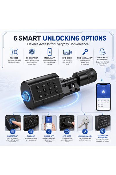 Generic Brand قفل باب ذكي أسود من TTLock، 5 طرق للفتح، تطبيق، بصمة الإصبع، بطاقة IC ومفتاح، نظام دخول آمن للمنزل