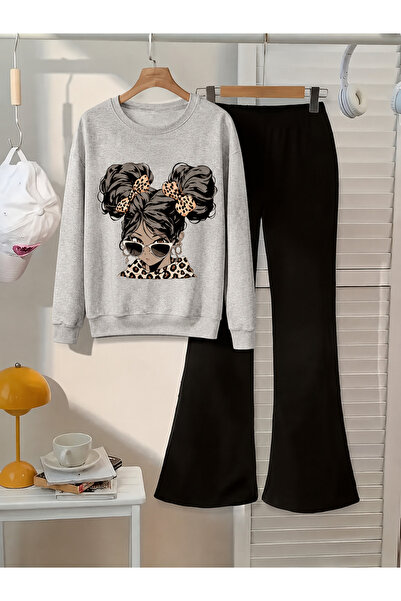 Cevval Girl's Crew Neck Sweatshirt and Spanish-Cut Leggings Set