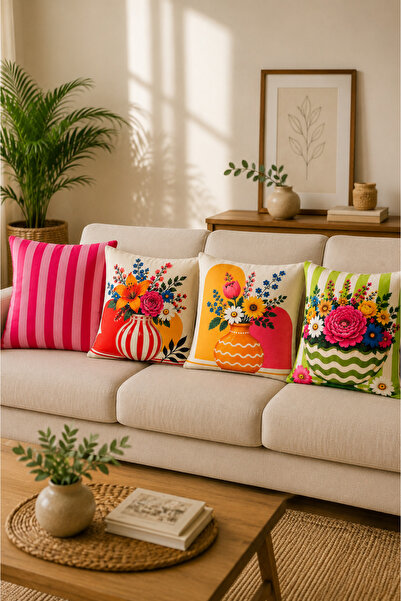 SEVMİŞ HOME 4 Adet Dijital Baskılı Kırlent Kılıfı 43x43 cm – Renkli Modern De...