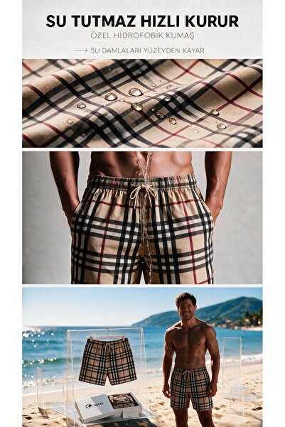 HSCO Plaid Pattern Mesh Pocket Swimsuit Regular Fit Men's Swim Shorts Cream-B...