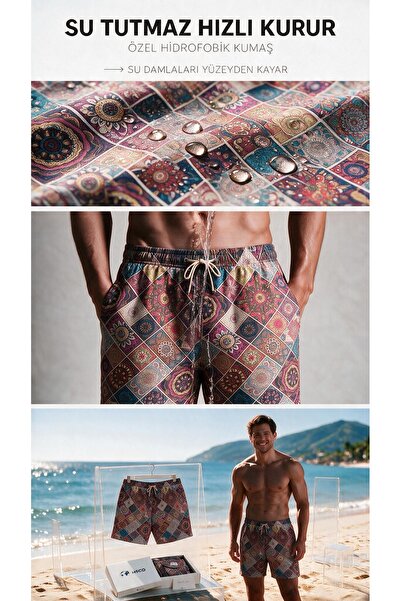 HSCO Mandala Pattern Mesh Pocket Swim Trunks Regular Fit Men's Swim Shorts Pu...